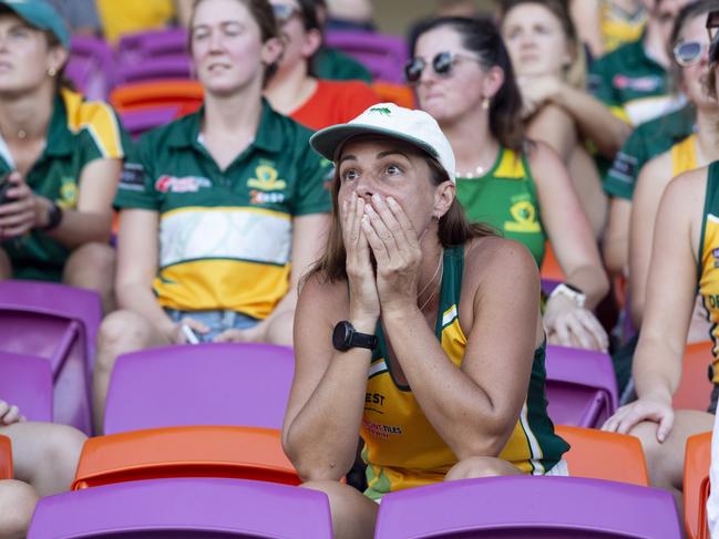 PINT supporter Sarah Singh on the edge of her seat before the win in the NTFL prelim final on Saturday afternoon. Picture: Floss Adams.