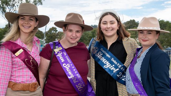 The 2023 Miss Darling Downs, Elly Close with three of the 2024 entrants, from left; Petria Okkonen, from Oakey, Amorei Vermeulen, from Goombungee and Alison Burt, from Tara.Heritage Bank Toowoomba Royal Show.Saturday April 20th, 2024 Picture: Bev Lacey