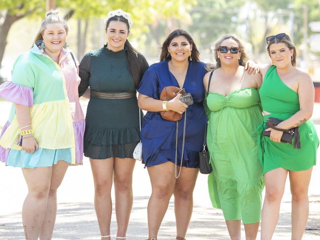 Katie Morany, Abbie Gilchrist, Taylah Batchelor, Sarah Wilson and Georgie Spiden at the Katherine Races 2022. Picture: Floss Adams.