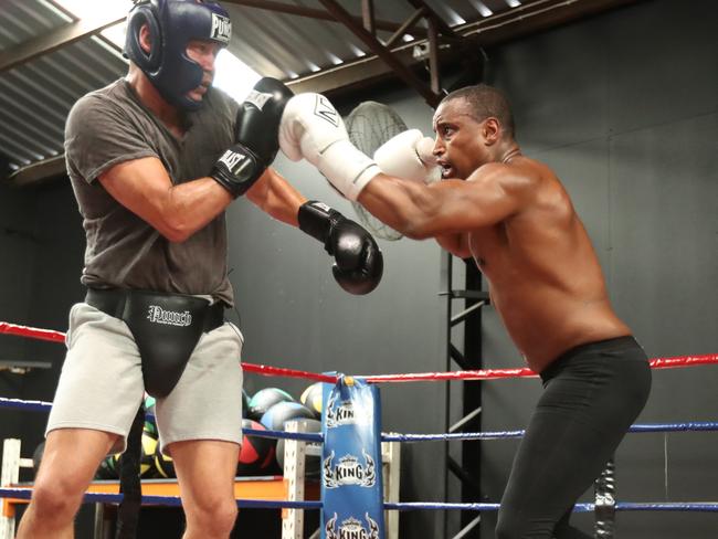 Gary Jubelin and Khalid Baker sparred for three rounds when they caught up in Brisbane. Picture: Annette Dew