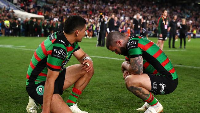 SYDNEY, AUSTRALIA - SEPTEMBER 22: Cody Walker of the Rabbitohs and Adam Reynolds of the Rabbitohs look dejected after losing the NRL Preliminary Final match between the Sydney Roosters and the South Sydney Rabbitohs at Allianz Stadium on September 22, 2018 in Sydney, Australia. (Photo by Cameron Spencer/Getty Images)