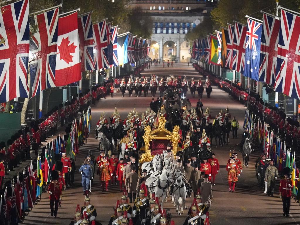 A night time rehearsal in central London for the coronation of King Charles III, which will take place this weekend. Picture: Getty