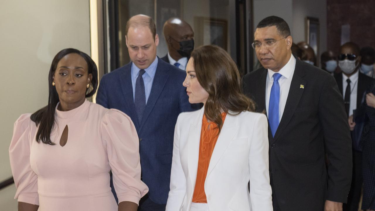 Prince William, Duke of Cambridge and Catherine, Duchess of Cambridge meet with Prime Minister of Jamaica, Andrew Holness and his wife Juliet. Picture: Jane Barlow/Getty Images.