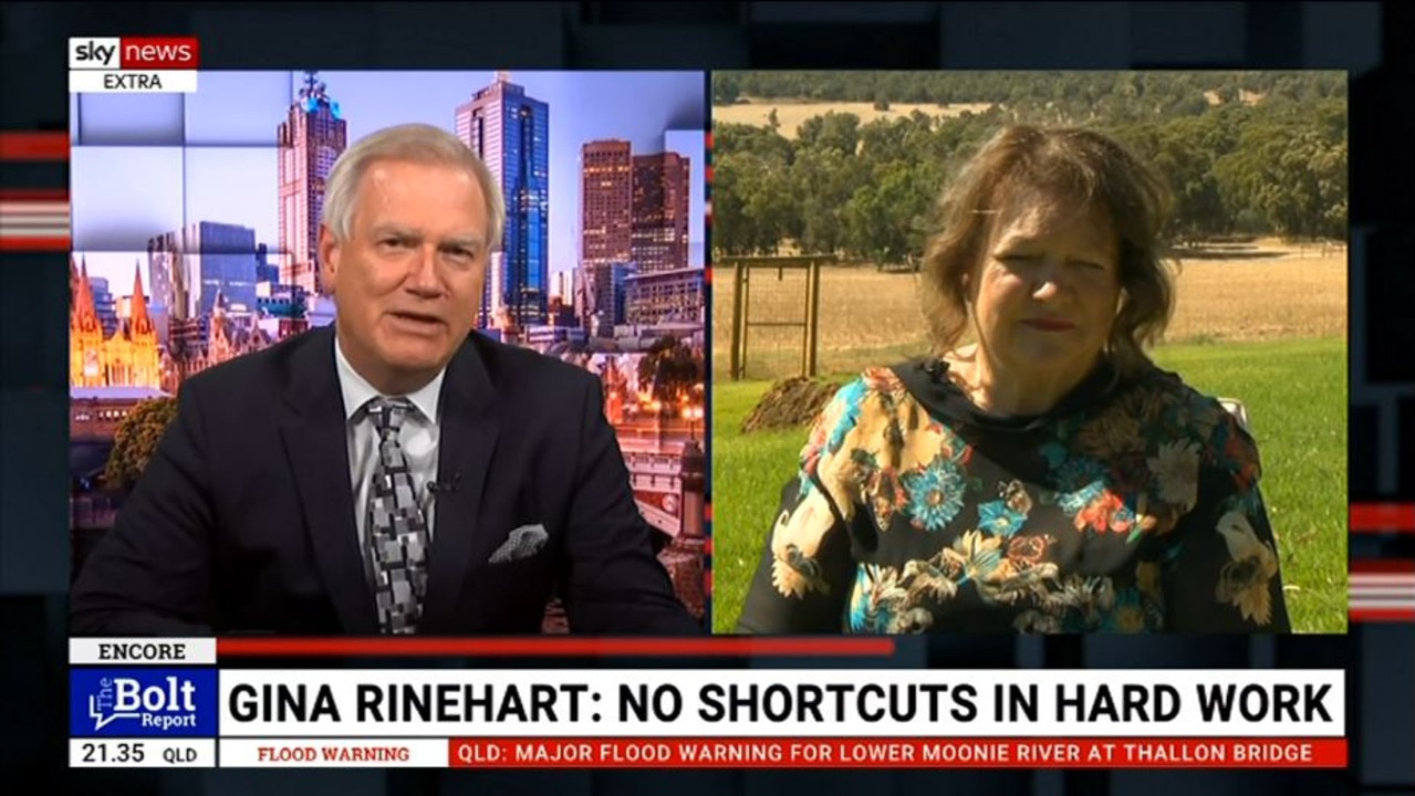 Gina Rinehart appeared on Sky News’ The Bolt Report. Picture: Sky News/Flash.