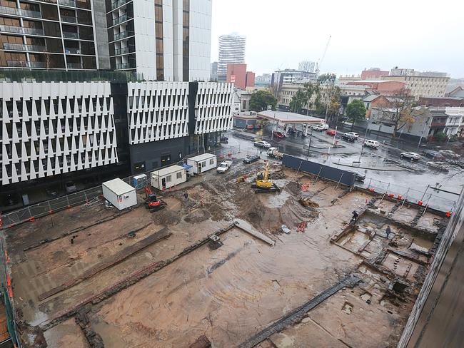 Overlooking the dig at the former Mistletoe Hotel in Melbourne's CBD. Picture: Ian Currie