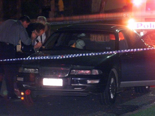 Frank Benvenuto lays slumped in his car after being shot in the chest in Beaumaris on May 8, 2000. Picture: Cameron L’estrange