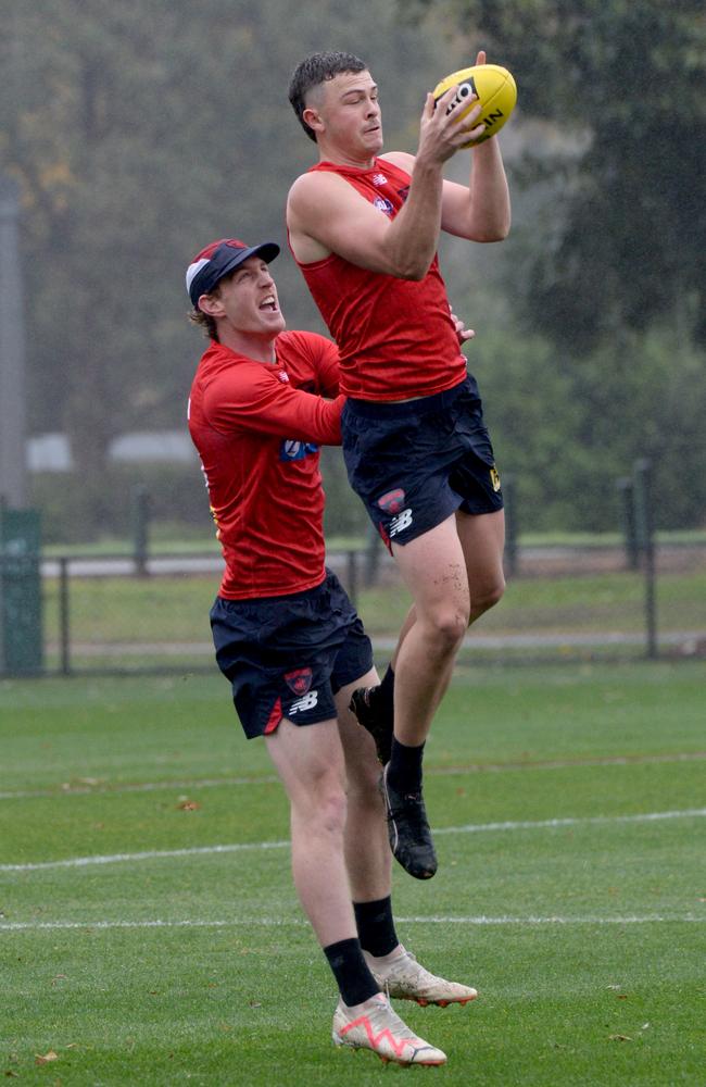 Harrison Petty and Daniel Turner at Melbourne training at Goschs Paddock. Picture: Andrew Henshaw