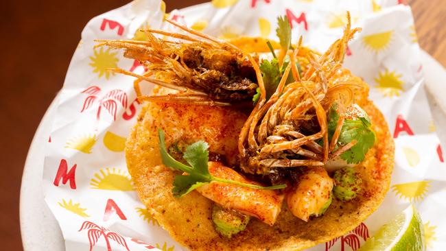 Spencer gulf prawn and avocado tostada.