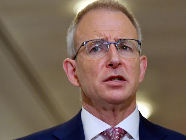 Paul Fletcher addresses media in the Press Gallery at Parliament House. Picture: Getty Images.