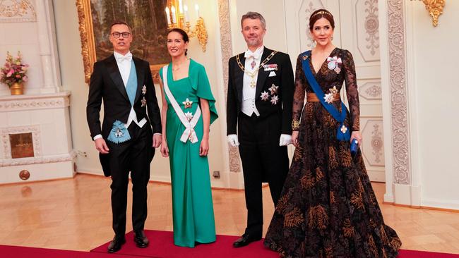 President of Finland Alexander Stubb and his wife Suzanne Innes-Stubb host a gala dinner for King Frederik X and Queen Mary of Denmark at the Presidential Palace in Helsinki, Finland. Picture: AFP