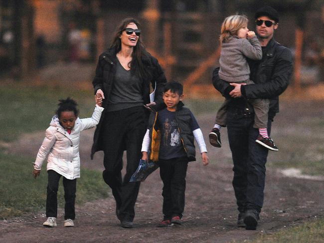 Angelina Jolie takes a break from directing her movie in Budapest and takes the kids to a park near the set with Brad Pitt on November 5, 2011. Picture: Splash