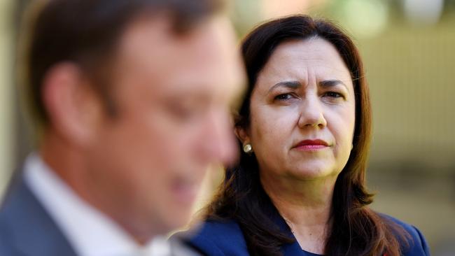 BRISBANE, AUSTRALIA - NewsWire Photos - OCTOBER 30, 2020.Queensland Premier Annastacia Palaszczuk watches her deputy Steven Miles during a press conference at Parliament House.Picture: NCA NewsWire / Dan Peled