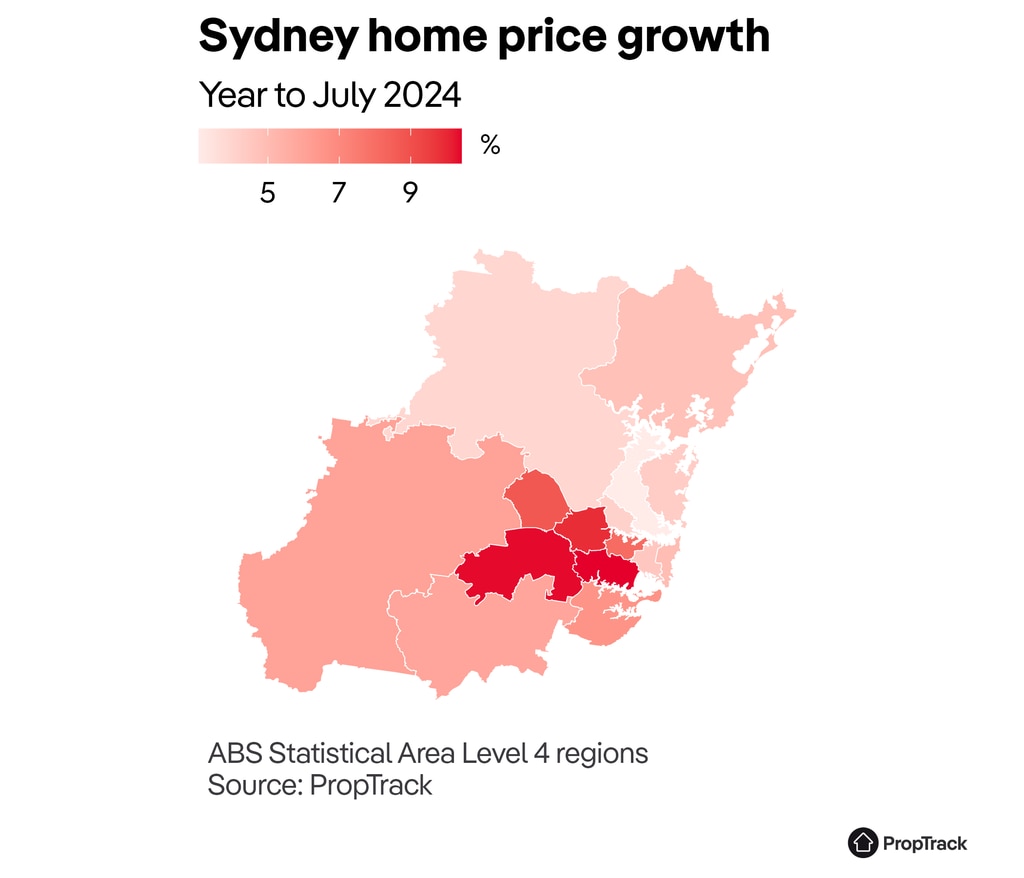 Sydney growth by regions. Source: PropTrack HPI.