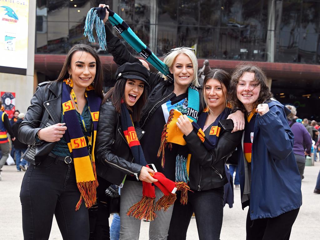 Fans Vanessa Stefano, Sophia O'Loughlin, Tiah Salkeld, Dan Caruso and Georgie Evangelistis all from the western suburbs. Picture: Tom Huntley