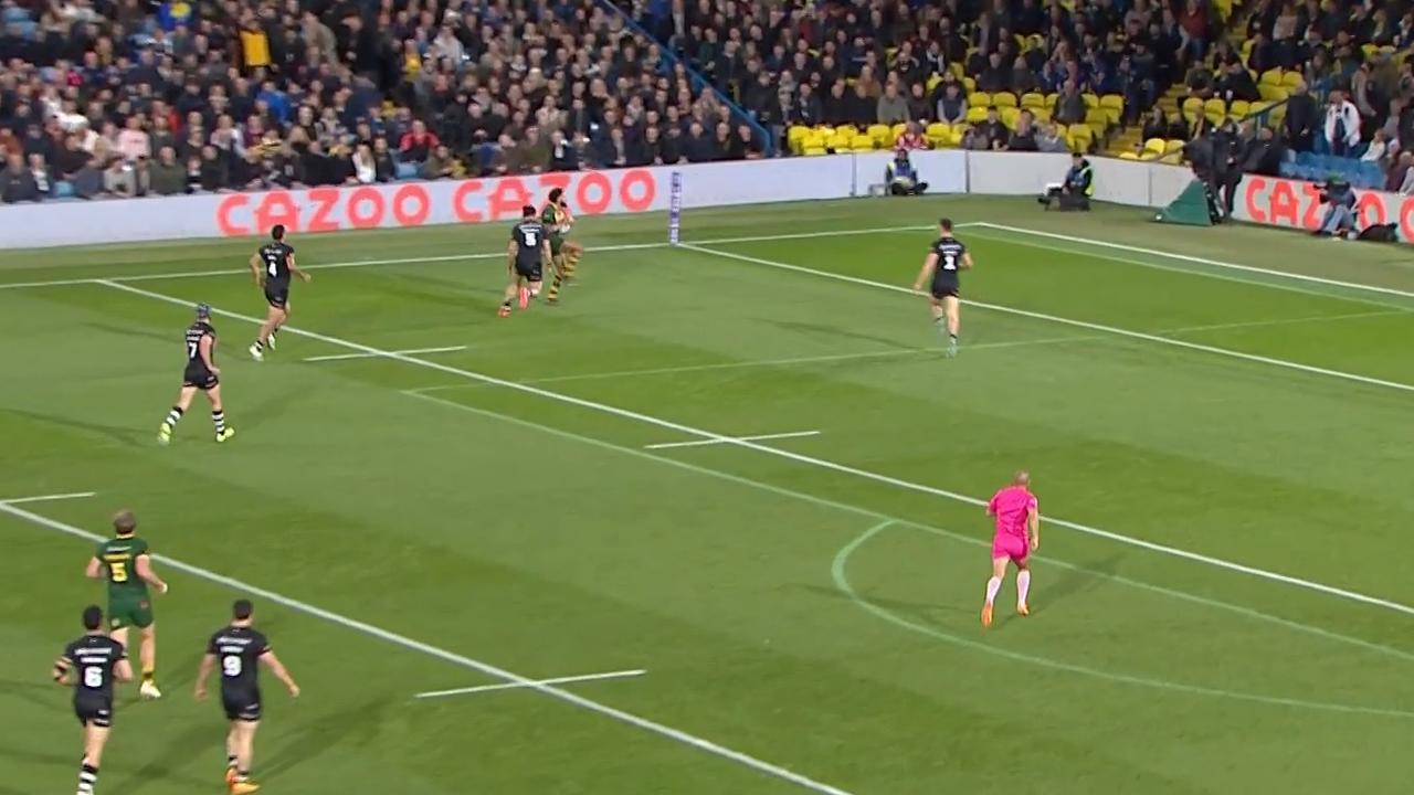 Josh Addo-Carr catches the ball near the try line. Photo: Fox League.