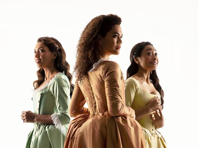 WEEKEND TELEGRAPHS SPECIAL. MUST TALK WITH PIC ED JEFF DARMANIN BEFORE PUBLISHING. MUST NOTE EMBARGOED TILL SUNDAY THE  14TH MARCH 2021., Hamilton the musical.  Chloé Zuel, Akina Edmonds and Elandrah Eramiha as the Schuyler Sisters Photo by Daniel Boud