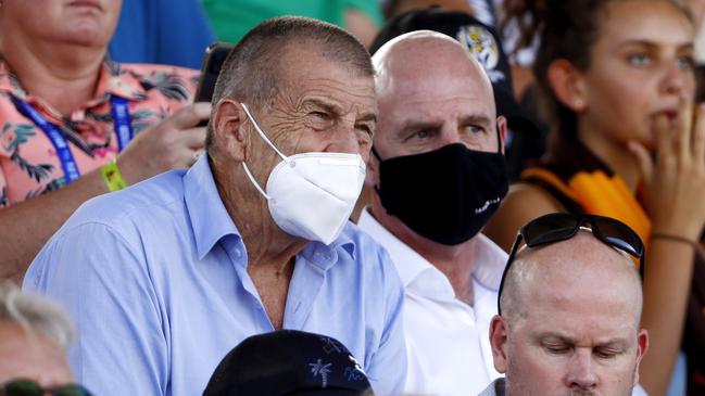 Jeff Kennett and Tasmanian Premier Peter Gutwein watch on from the stands during an AFL Community Series match between the Hawthorn and Richmond at Devonport Oval.