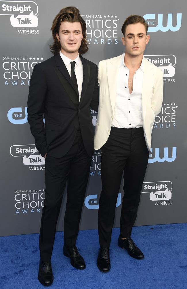 Joe Keery and Dacre Montgomery attend The 23rd Annual Critics’ Choice Awards at Barker Hangar on January 11, 2018 in Santa Monica, California. Picture: Getty