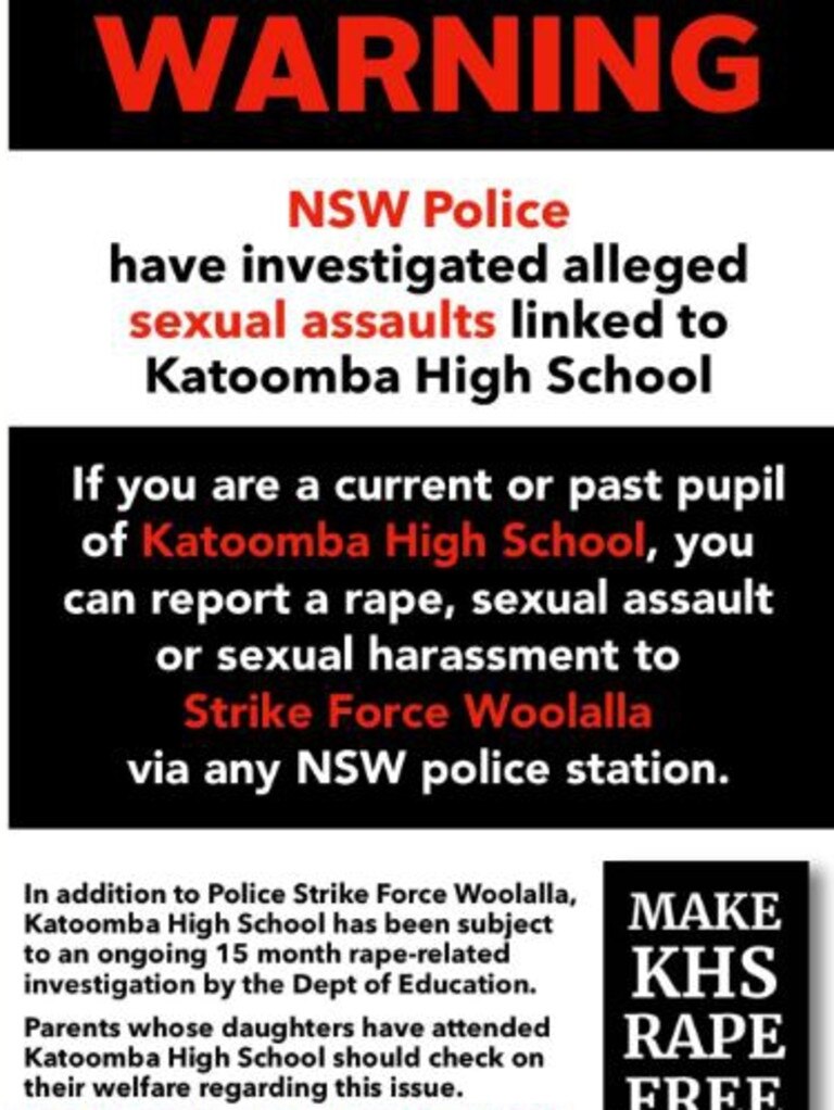 WEEKEND TELEGRAPHS SPECIAL. MUST TALK WITH PIC ED JEFF DARMANIN BEFORE PUBLISHING. Local flyer posted by concerned residents re rapes at Katoomba High School.