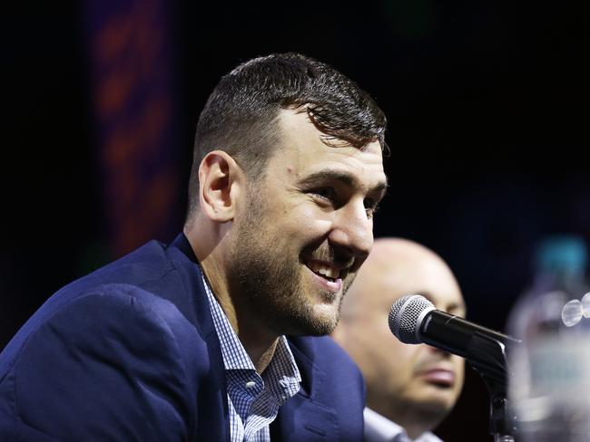 Andrew Bogut enjoying the press conference back-and-forth. Picture. Phil Hillyard