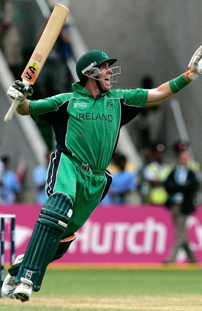 Ireland captain Trent Johnston celebrates the six which earned his team a historic World Cup victory over Pakistan.