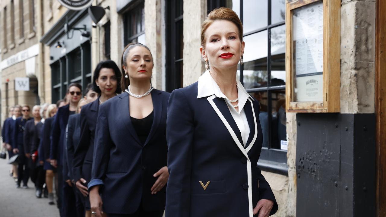 Kirsha Kaechele and ladies walking to the Supreme Court of Tasmania in Hobart for the first stage of their appeal against the shut down of the ladies lounge at MONA. Picture: Nikki Davis-Jones