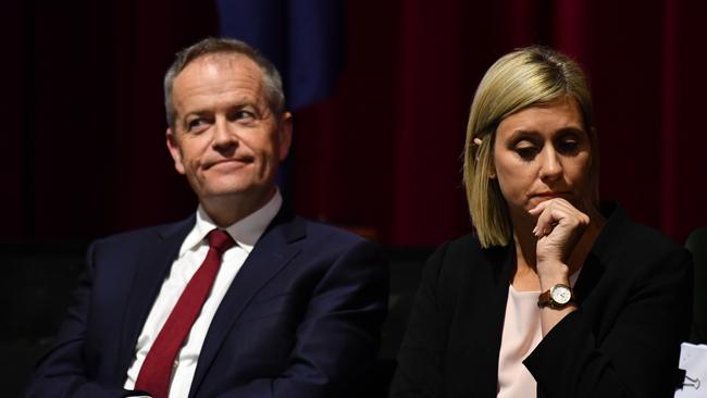 Leader of the Opposition Bill Shorten and Labor candidate for Longman Susan Lamb at a Catholic schools parents’ forum in Caboolture yesterday. Picture: AAP/Mick Tsikas