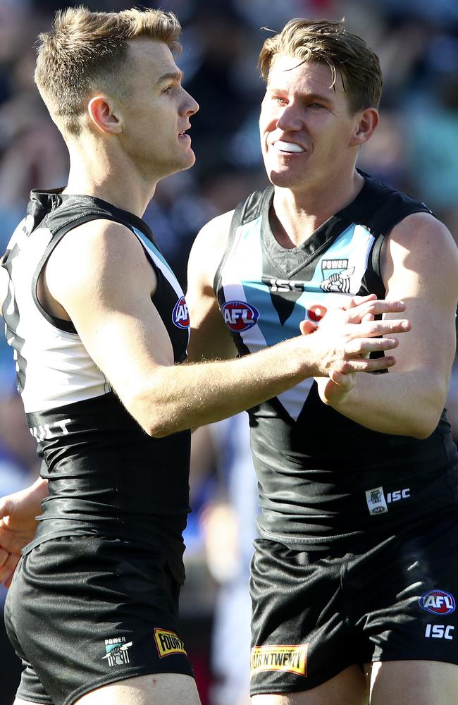 Port’s Robbie Gray kicks another goal and congratulated by Matt White. Picture: SARAH REED