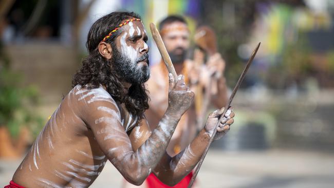 The Welcome to Country and smoking ceremony by Jack Buckskin and Kuma Kaaru dance group at the launch. Picture: NCA NewsWire / Naomi Jellicoe