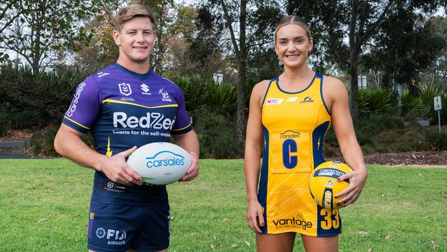 Melbourne Storm player Harry Grant and Sunshine Coast Lightning recruit Liz Watson. Pic: Jonathan Demos-Melbourne Storm