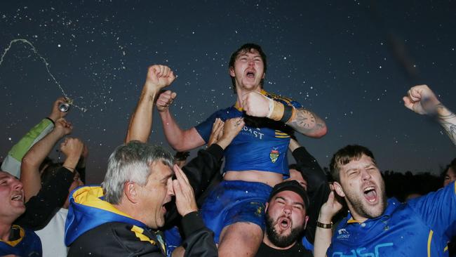 Jake Fitzpatrick celebrating after the Hawks’ grand final win. Picture: Sue Graham