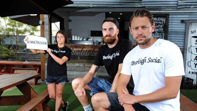 Jarrod Barnett and co-owner Ray Lich with Emily Smith at Burleigh Social. Picture: John Gass