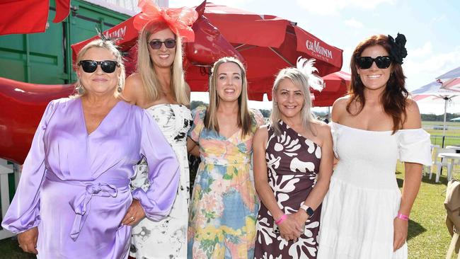 Margaret Arkwright, Rachael Beale, Emma Knigge, Katrina Laing-Smith and Courtney Cassel at Ladies Oaks Day, Caloundra. Picture: Patrick Woods.