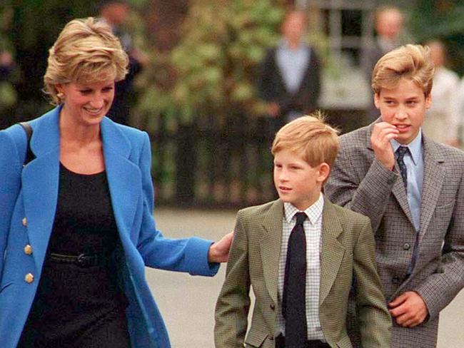 Prince William with Diana, Princess of Wales and Prince Harry on the day he joined Eton in September 1995. (Photo by Anwar Hussein/WireImage)