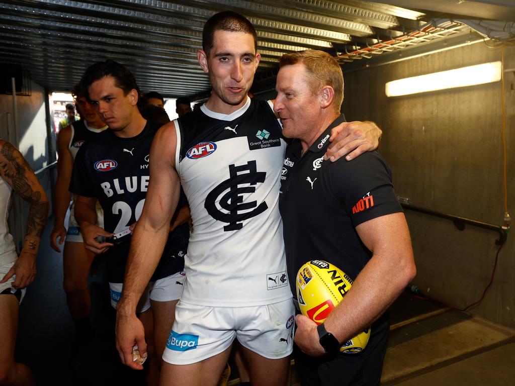 Jacob Weitering and Michael Voss after the Blues’ win over Fremantle. Picture: Michael Willson/AFL Photos via Getty Images.