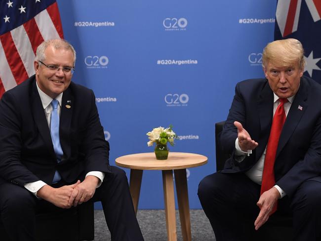 US President Donald Trump and Australia's Prime Minister Scott Morrison hold a meeting in the sidelines of the G20 Leaders' Summit in Buenos Aires, on November 30, 2018. - Global leaders gather in the Argentine capital for a two-day G20 summit beginning on Friday likely to be dominated by simmering international tensions over trade. (Photo by SAUL LOEB / AFP)