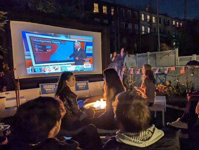 A watch party was hosted by Australian couple and Kamala Harris supporters, Meggie Palmer and and Ryan Hamilton. Pic Chad Van Estrop