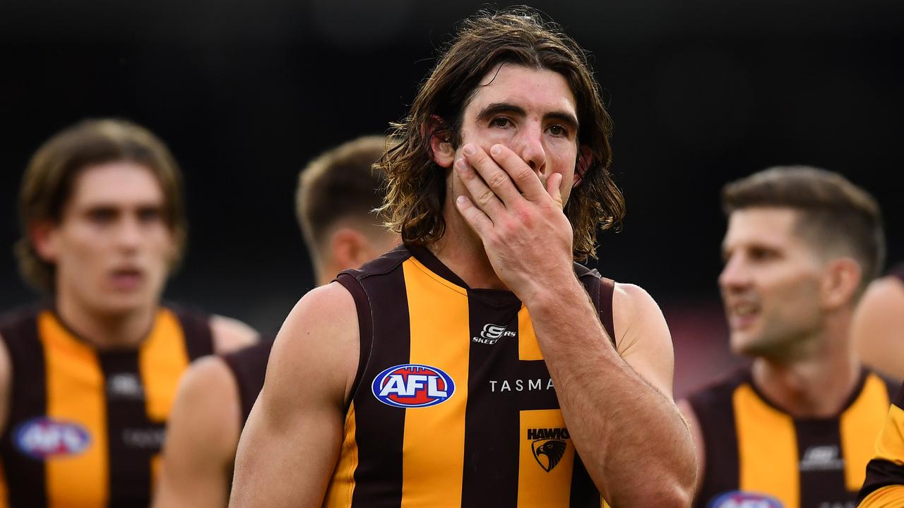 Reality bites for Hawks’ Jai Newcombe after their round 1 thumping. Picture: Quinn Rooney/Getty Images