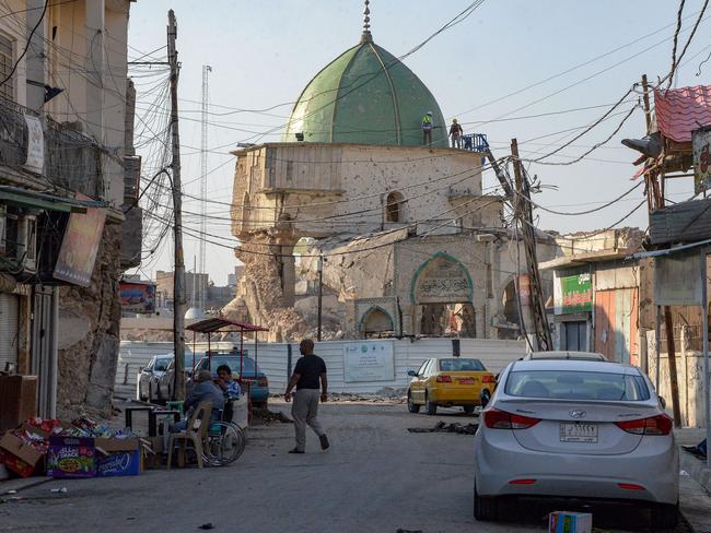 Mosul's heavily damaged Al-Nuri Mosque in the former base of the Islamic State group in northern Iraq, where Abu Bakr al-Baghdadi used to address followers. Picture: AFP