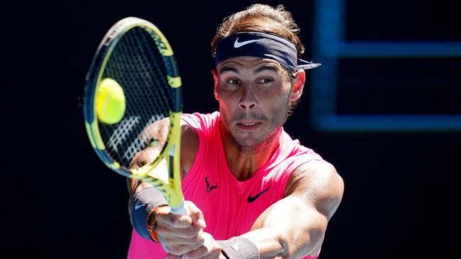 Rafael Nadal crunches a backhand against Pablo Carreno Busta. Picture: AAP