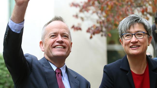 Leader of the Opposition Bill Shorten with Senator Penny Wong, who has issued a warning to her Labor colleagues. 