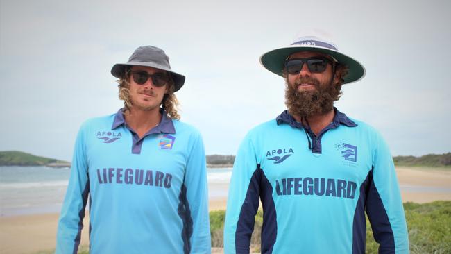 Coffs Harbour Lifeguards Daley Bear and Trent Munro were on duty when a family of five were caught in a rip at North Wall beach in Coffs Harbour. Daley used the jet ski to help the parents and three children out of the ocean. Photo: Tim Jarrett