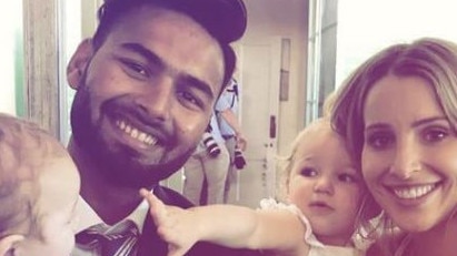 Rishabh Pant with Tim Paine’s wife Bonnie and their children. Picture: Twitter.