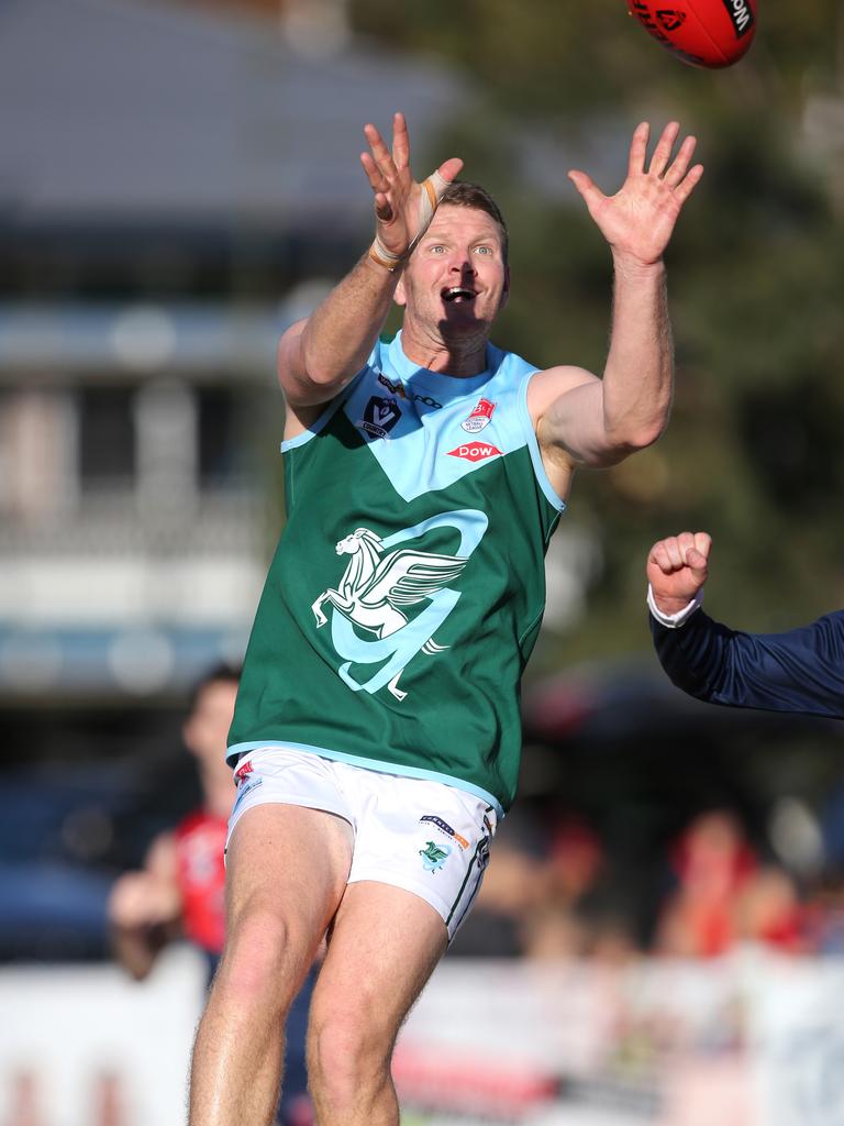 BFNL - Portarlington v Geelong Amateurs.  Geelong Amateurs Mitchell Day marks. Picture Mike Dugdale