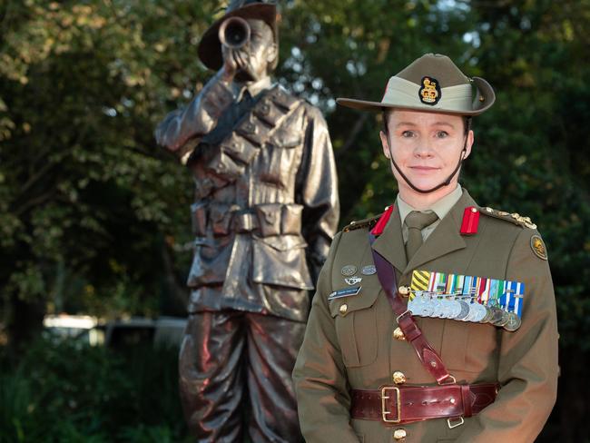 Brigadier Susan Coyle, Commander of the sixth brigade, with Burwood bugler Lance Corporal Leonard Hall. Picture: AAP IMAGE / MONIQUE HARMER