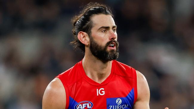 Brodie Grundy of the Demons in action during the 2023 AFL Round 22 match between the Carlton Blues and the Melbourne Demons at Melbourne Cricket Ground on August 12, 2023 in Melbourne, Australia. (Photo by Dylan Burns/AFL Photos via Getty Images)