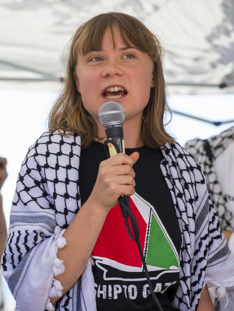 Thunberg speaking at the press conference on June 1 ahead of the ship Madleen leaving Catania, Italy. Picture: Fabrizio Villa/Getty Images