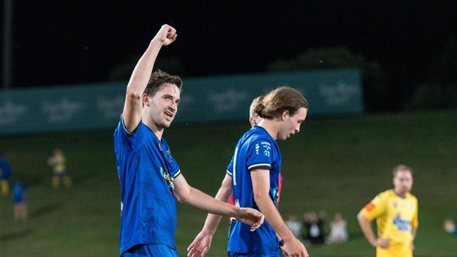 Noosa Lions player Harry Magee celebrates the winning goal. Picture: Bruce Haggie