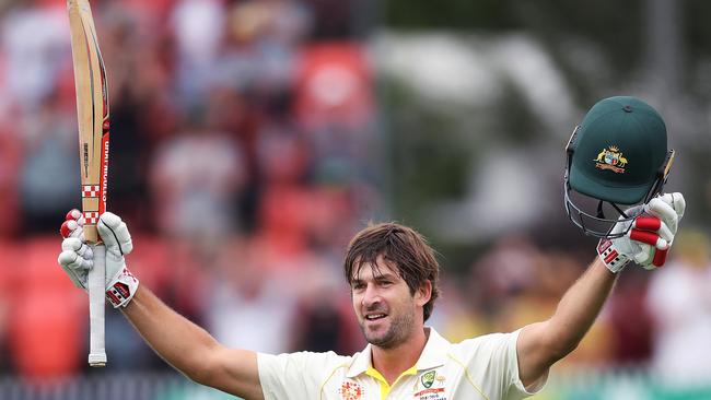 Joe Burns celebrates a century against Sri Lanka at Manuka Oval. Picture: Phil Hillyard