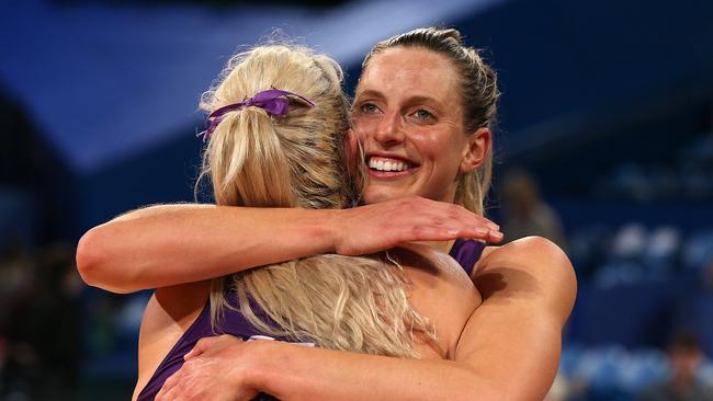 PERTH, AUSTRALIA - JULY 21: Gretel Tippett and Laura Geitz of the Firebirds celebrate winning the round 12 Super Netball match between the Fever and the Firebirds at Perth Arena on July 21, 2018 in Perth, Australia. (Photo by Paul Kane/Getty Images)